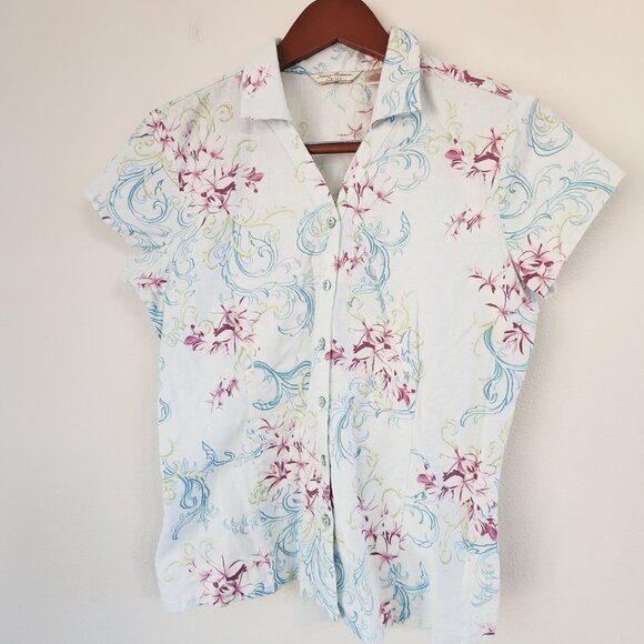 Tommy Bahama Girls Button Down Shirt Collar Floral Print M/8-10 Linen Blend - Picture 6 of 13